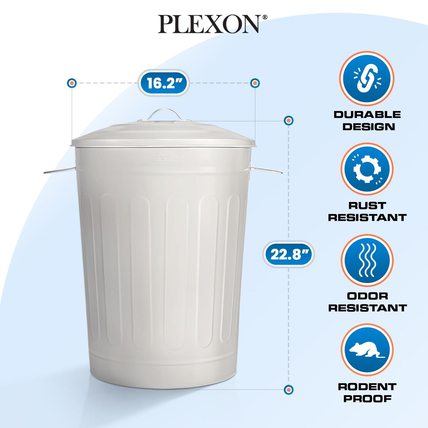 Plexon 13-Gallon Galvanized Steel Round Trash Can with Lid, Indoor and Outdoor Use, Durable Construction, Retro Design, Stylish Beige 2 Pack