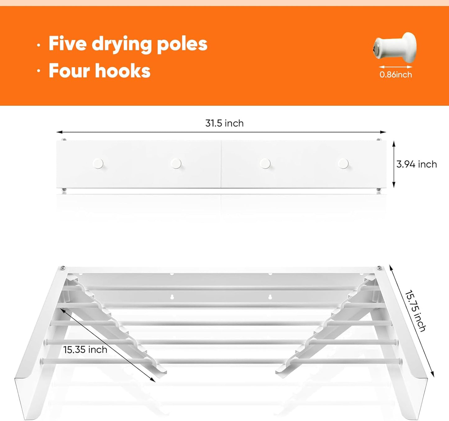 Clothes Drying Rack 31.5 inches Foldable Wall Mount Laundry Rack Folding Indoor Drying Rack Clothing Collapsible Hidden Space Saver with Wall Template 5 Rods White