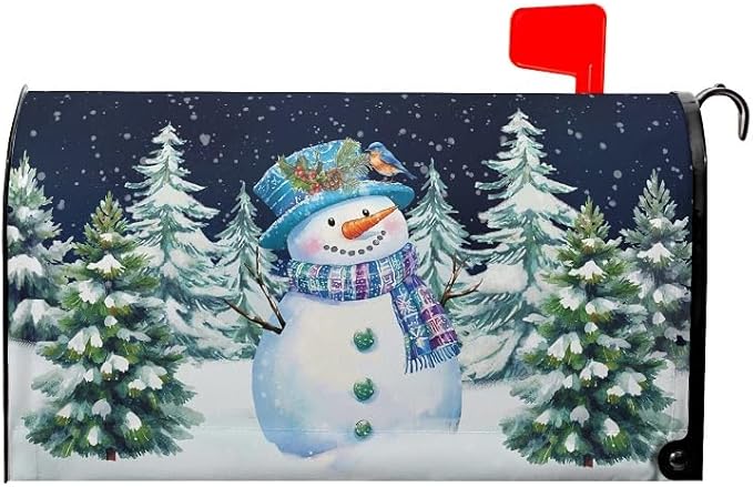 Winter Snowman Magnetic Mailbox Covers Large Size 25.5''x21'' Christma Snowy Pine Trees Forest Decorative Post Letter Box Cover Xmas Holiday Letterbox Wrap for Home Outdoor Garden