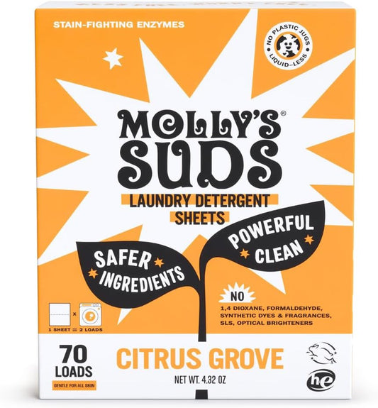 Molly’s Suds Laundry Detergent Sheets | Gentle on Sensitive Skin, Powerful Bio-Based Enzymes, Stain-Fighting | Liquidless & Plastic-Free Packaging | 70 Loads (Citrus Grove)