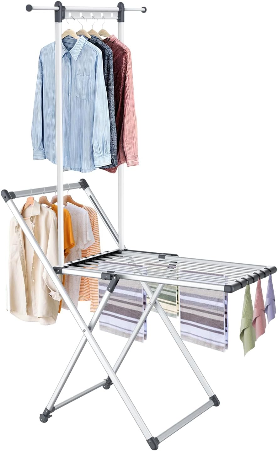 Clothes Drying Rack, Foldable Laundry Rack for Indoor Outdoor, 10pcs Sock Clips, Collapsible Space-Saving Drying Rack for Clothes Towels Dolls (Gray-Hanger)