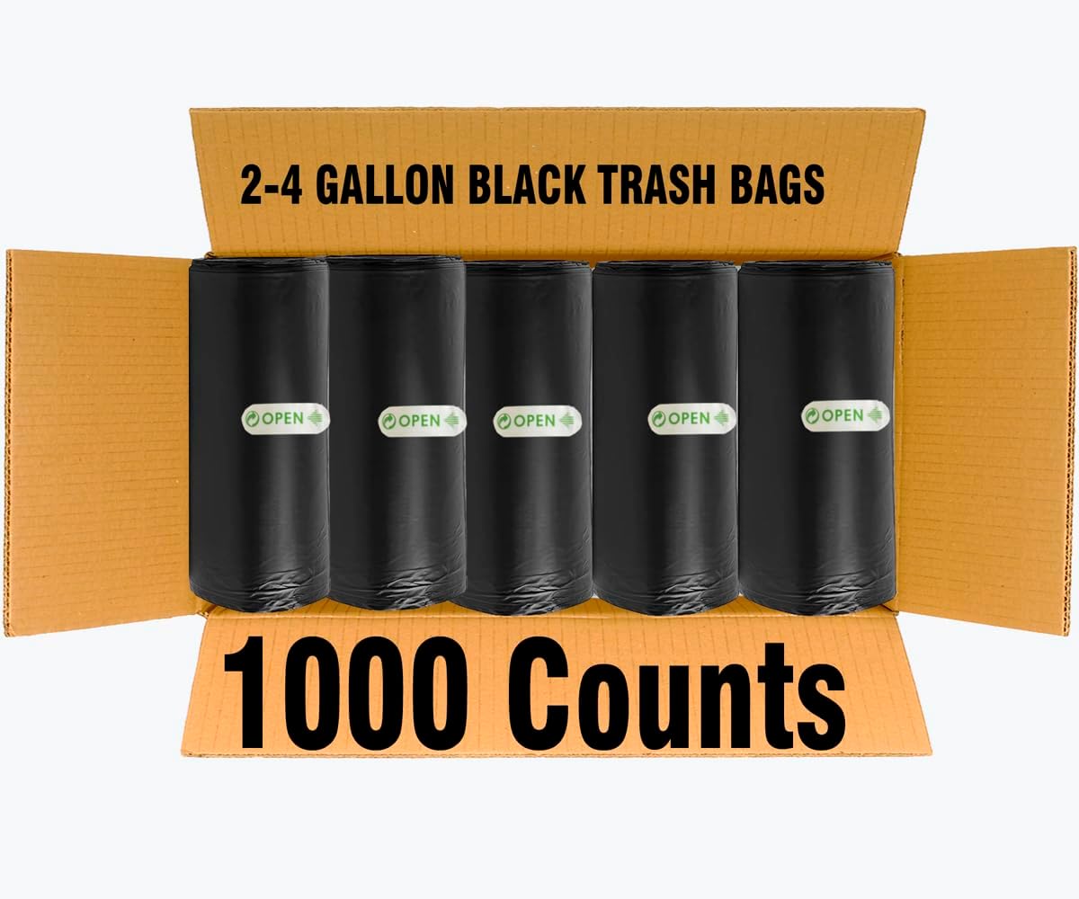 2-4 Gallon Trash Bags, 1000 Count Bulk Value Pack, Black Garbage bags, Small Trash Can Bin Liners for Bathroom, Office, Industrial, Commercial, Janitorial, Municipal, Recycling