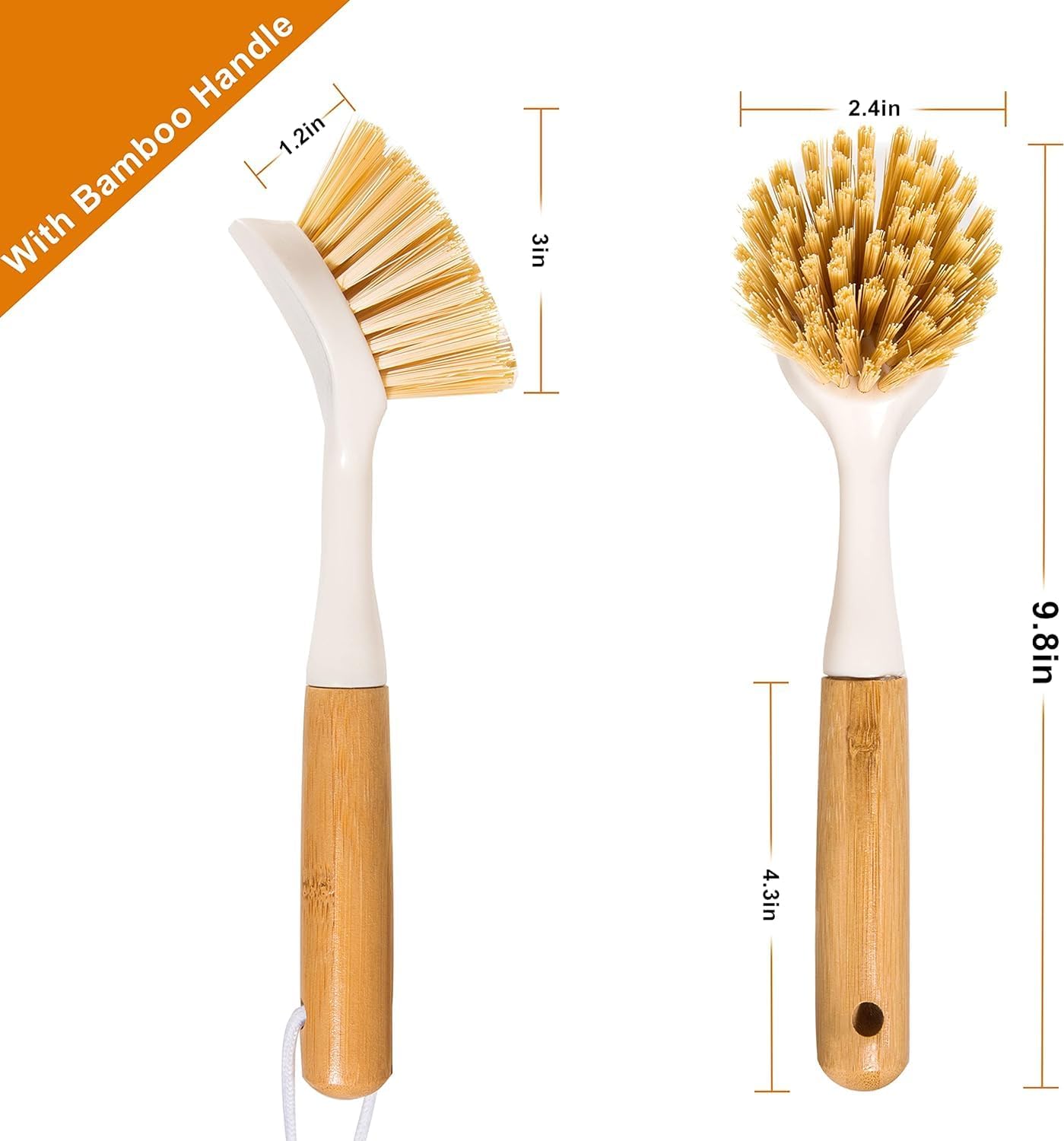 2 Pack Kitchen Dish Brushes with Bamboo Handle, Dish Scrubber Built-in Scraper, Scrub Brush for Pans, Pots, Counter & Kitchen Sink Cleaning, Dishwashing and Cleaning Brush Tools, White