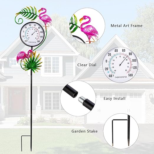Outdoor Thermometer, No Battery Needed Outside Thermometer with Garden Stake, Flamingo Wall Thermometer for Yard Patio Decor