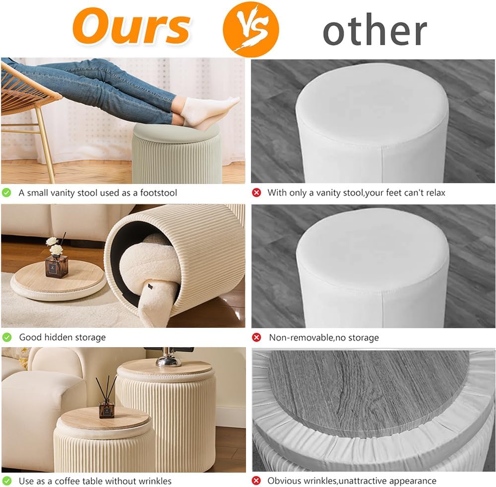 Round Set of 2 Ottoman with Storage-Upholstered Velvet Vanity Stool for Makeup Multifunctional Ottomans Coffee Table Padded Seat Foot Rest for Living Room&Bedroom（White）