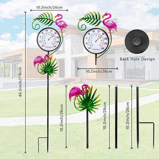 Outdoor Thermometer, No Battery Needed Outside Thermometer with Garden Stake, Flamingo Wall Thermometer for Yard Patio Decor