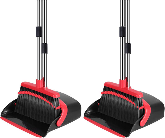 NACENA Broom and Dustpan Set, 52-in Long Adjustable Handle Broom Dustpan Combo with Dustpan Teeth to Automatically Clean Hair Suitable for Home Kitchen Office Hall Floor (Black&Red), 2 Pack