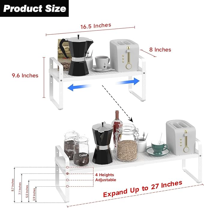 Expandable Kitchen Cabinet Shelf Organizer Rack Heavy Duty Metal Spice Rack Stackable Kitchen Counter Storage Shelf for Kitchen Cabinet Pantry Bathroom (White - 16.5"-27" L x 8" W x 9.6" H - 3Pack)