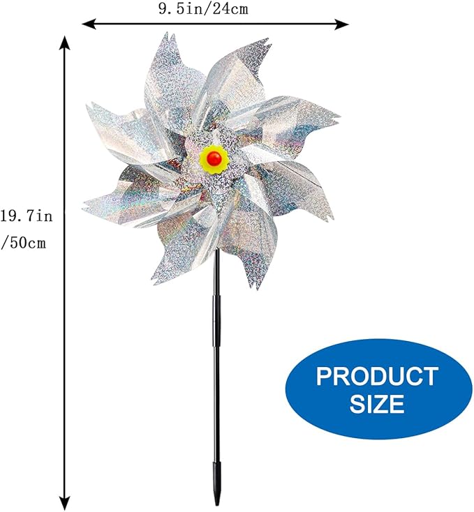 Sparkly Reflective Pinwheels with Stakes, Wind Spinners Outdoor Bird Scare Devices, Foil Pin Wheel Holographic Whirl Windmill for Yard Garden Decor Garden Wind Spinner 6 Packs - Silver