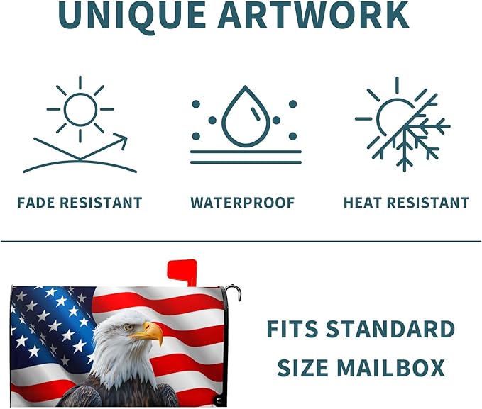 USA Flag Bald Eagle Patriotic Mailbox Cover 4th of July American Flag Magnetic Mailbox Covers Happy Independence Day Waterproof Post Letter Box Wraps for Outdoor Garden Yard Home 25.5x21 in