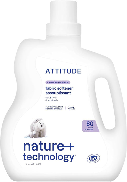ATTITUDE Liquid Fabric Softener, Plant-Based & Vegan, HE Compatible, Naturally Derived, Lavender Scent, 80 Loads, 67.6 Fl Oz