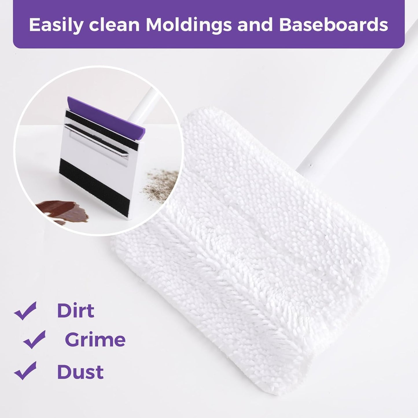 Baseboard Cleaner Tool with Handle 2.0, 60" Extendable Long Handle, Dust Trapping and Locking, 5 Reusable Pads, Purple Base Boards Cleaning Tool for Moldings, Wall, Floor, Bathroom, Kitchen