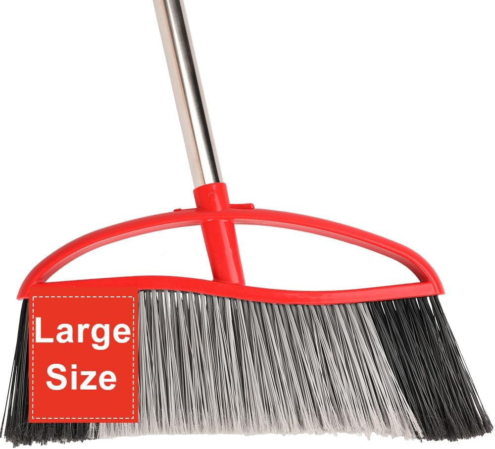 Outdoor Broom, 15.7" Wide Heavy Duty Angle Broom with Long Handle, Stiff Bristles for Sweeping Patio, Garden, Garage, Yard (Red), MULB36