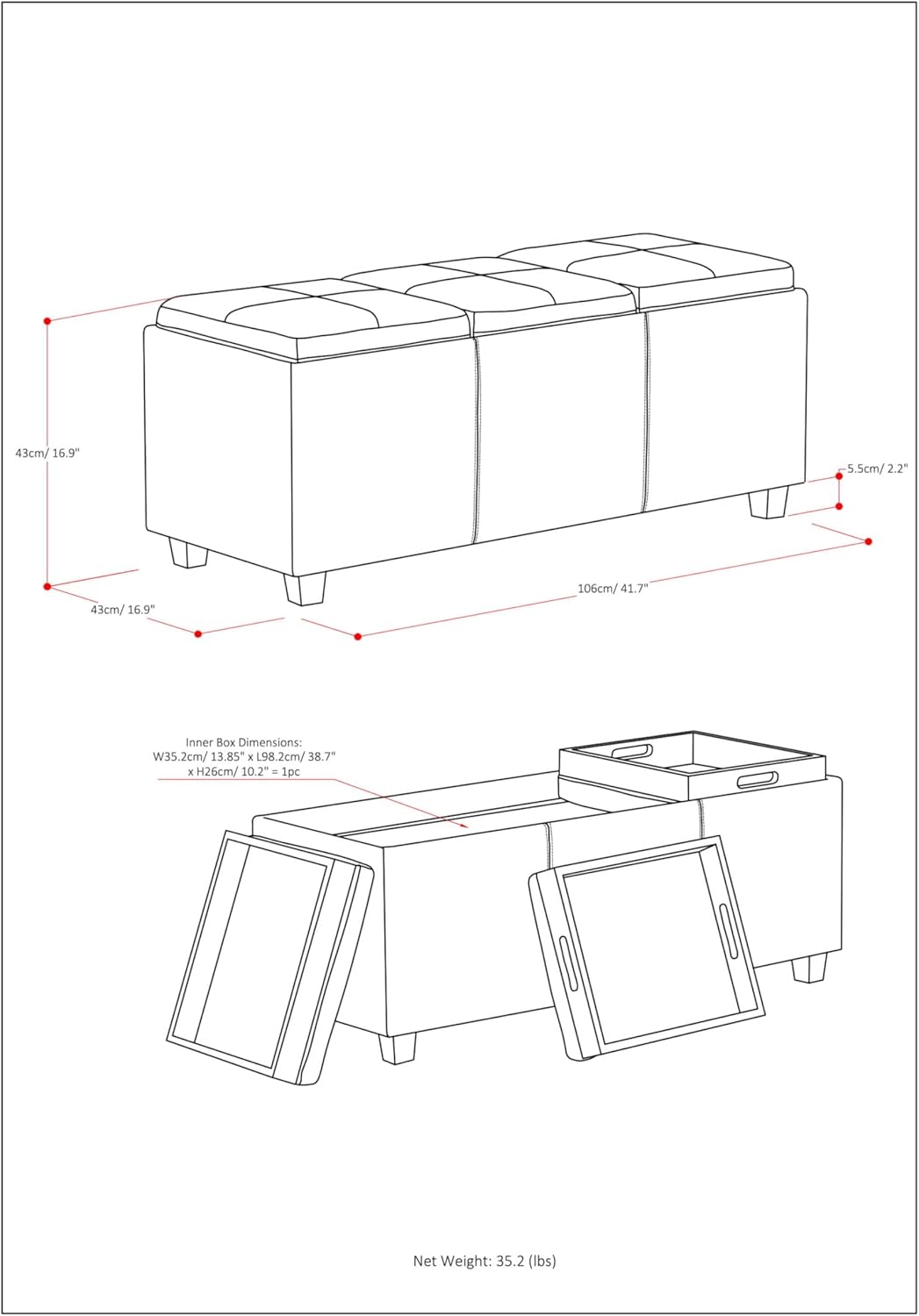 SIMPLIHOME Avalon 42 inch Wide Contemporary Rectangle Storage Ottoman in Denim Blue Vegan Faux Leather, Assembled, for the Living Room, Entryway and Family Room