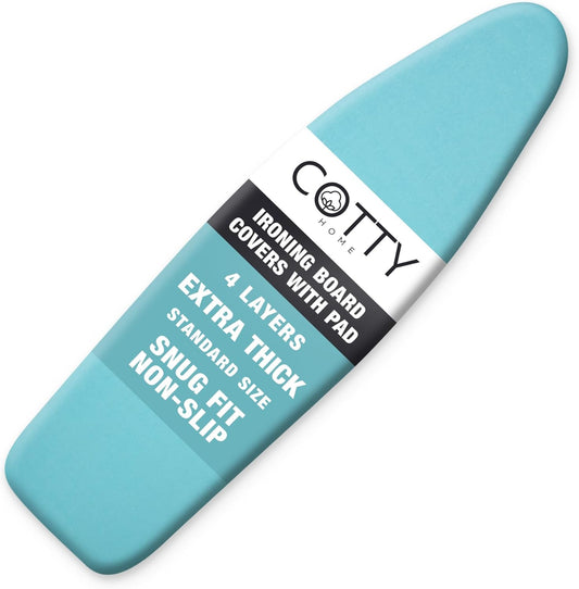 Extra Thick Ironing Board Covers with Pad Standard Size 15x54, Heat Reflective Full Scorch Resistant Padding, Snug Fit Non-Slip Nose Pocket Fastener Straps Elastic Edges, Turquoise
