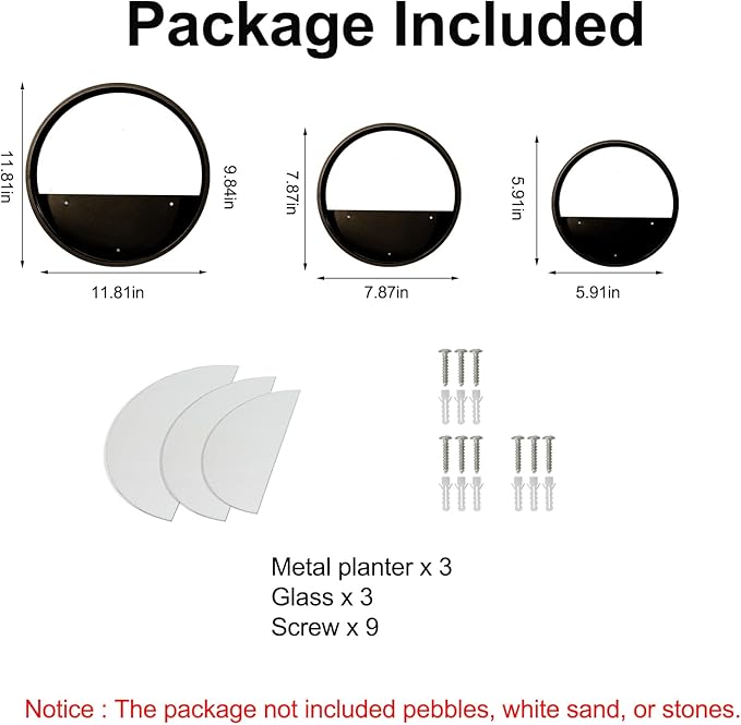 3 Pack Set Wall Planters,Modern Round Glass Wall Planter Succulent Planter Circle Iron Hanging Planter Vase for Herb,Small Cactus Perfect for Balcony, Room and Patio Decor (Black)