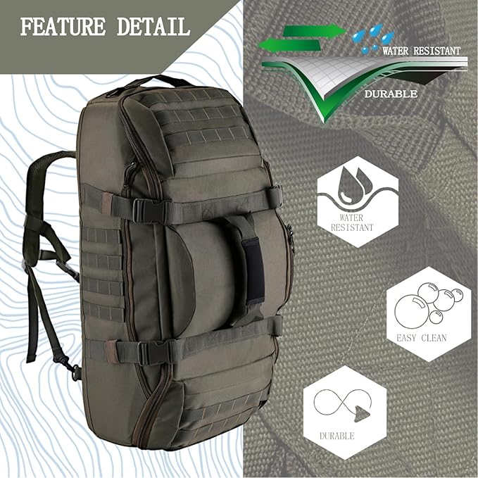 Travel Gym Duffle Bag Tactical, Gear Backpack for Men Women, Large Duffle Hand Bag for Travel, 3 in 1 Shoulder Backpack for Sports Hiking Camping, Water Resistant & Easy Clean (Army Green, 65L)