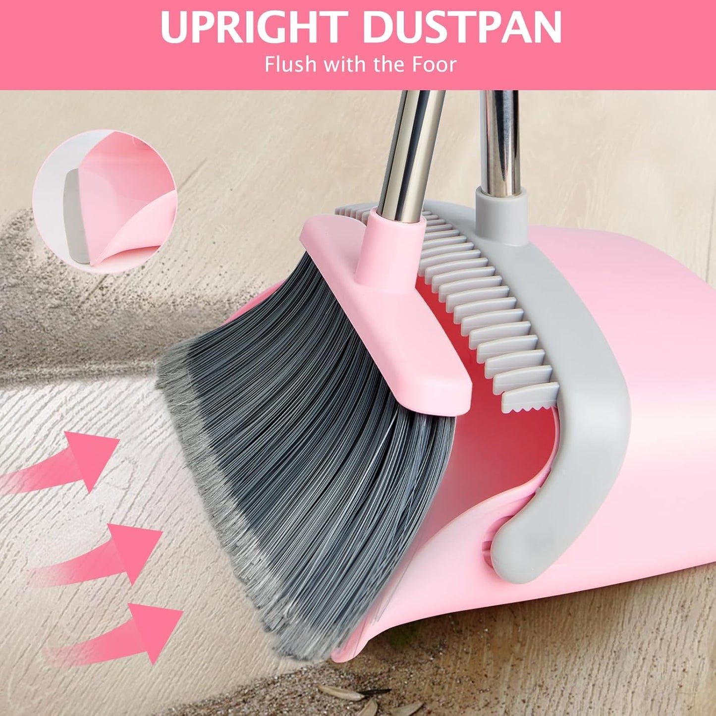 Broom and Dustpan Set, Dustpans with Broom Combo for Home, Heavy Dust Broom and Dustpan Combo, Long Handle Dust Pan and Broom Set for Kitchen, Office, Pet Hair(Gray Pink)