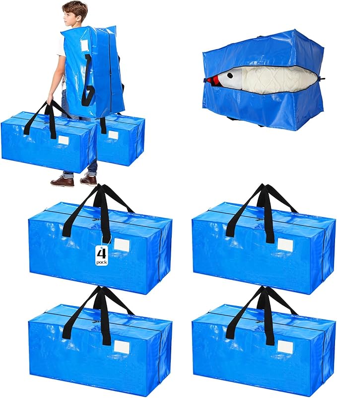 4 Pcs 24 Gallon Large Moving Bags with Zipper and Handles Foldable Storage Duffle Bags Heavy Duty Extra Large Totes for College Dorm Travel Clothes Blankets Bedding Moving (Blue)