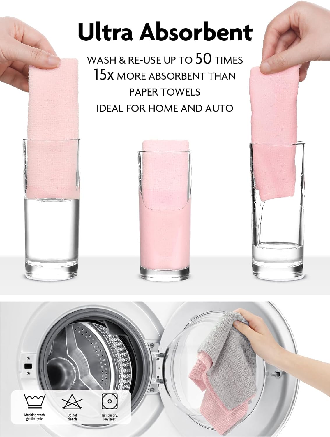 Fantasticlean Microfiber Cleaning Cloth Roll -60 Pack, Tear Away Microfiber Towels, 12" x 12", Reusable, Washable, Scratch Free, Ultra Absorbent Dishcloth for Car, Home Supplies (Pink & Grey)