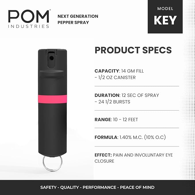 POM Pepper Spray Keychain, Quick Key Release for Instant Access, Flip Top Safety, Maximum Strength OC Formula with UV Marking Dye, 25 Bursts, 10 ft Range, 0.5 fl oz