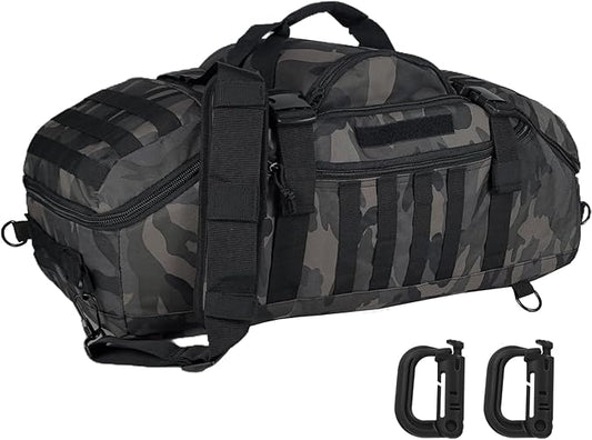 Travel Gym Duffle Bag Tactical, for Men Women Multi-functional Backpack, 3 in 1 Shoulder Bag Backpack Handbag for Sports Hiking Camping, Water Resistant & Easy Clean (Black Camo, 65L)