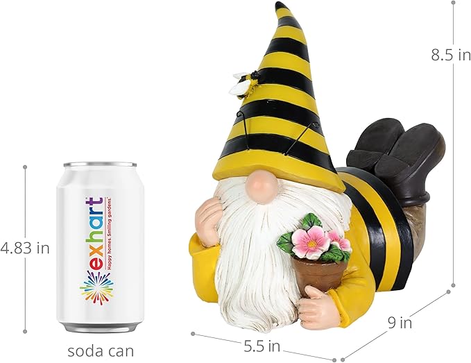 Exhart Solar Beekeeper Garden Gnome Statue, LED Hat, Flowers,Hand Painted Cute Yard Décor,5.5" x 8.5”