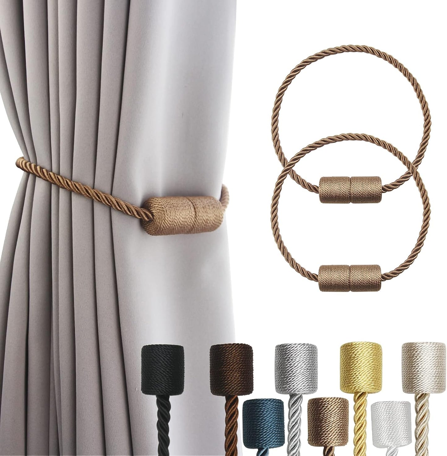 2 Pack Strong Magnetic Curtain Tiebacks Outdoor Elegant Decorative Tie Backs Modern Rope Tiebacks for Drapes Window Curtain Holdbacks for Draperies- Khaki