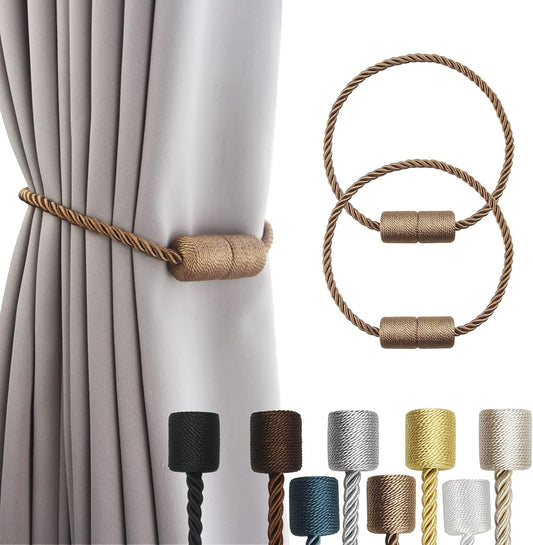 2 Pack Strong Magnetic Curtain Tiebacks Outdoor Elegant Decorative Tie Backs Modern Rope Tiebacks for Drapes Window Curtain Holdbacks for Draperies- Khaki