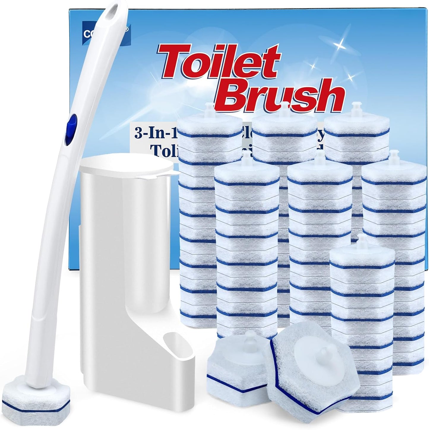 COBETE Disposable Toilet Brush Wand Kit with 56 Refills, Efficient Deep Scrubbing Toilet Bowl Cleaner Wand for Bathroom Toilet Cleaning