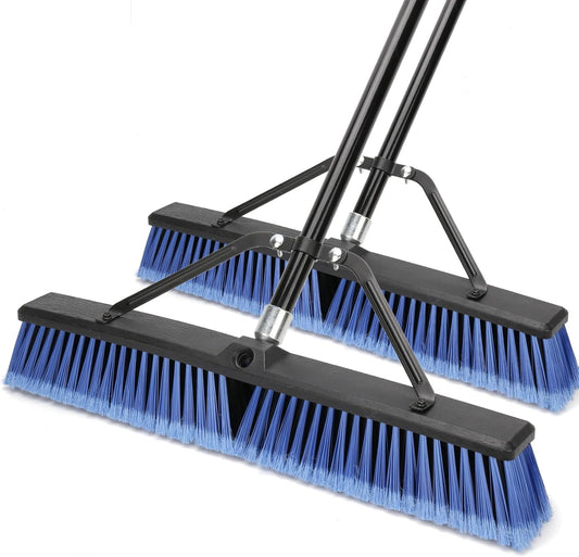 24 inches Push Broom Outdoor for Deck Driveway Garage Yard Patio Concrete Floor Cleaning-Blue-2 Pack
