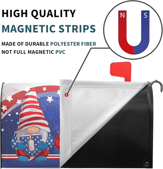 Patriotic Gnomes USA Flag Mailbox Cover Magnetic Independence Day July 4th Mailbox Covers Standard 21" x18’’ Happy Holiday Waterproof Post Box Cover Wraps for Outdoor Garden Yard Home Decor