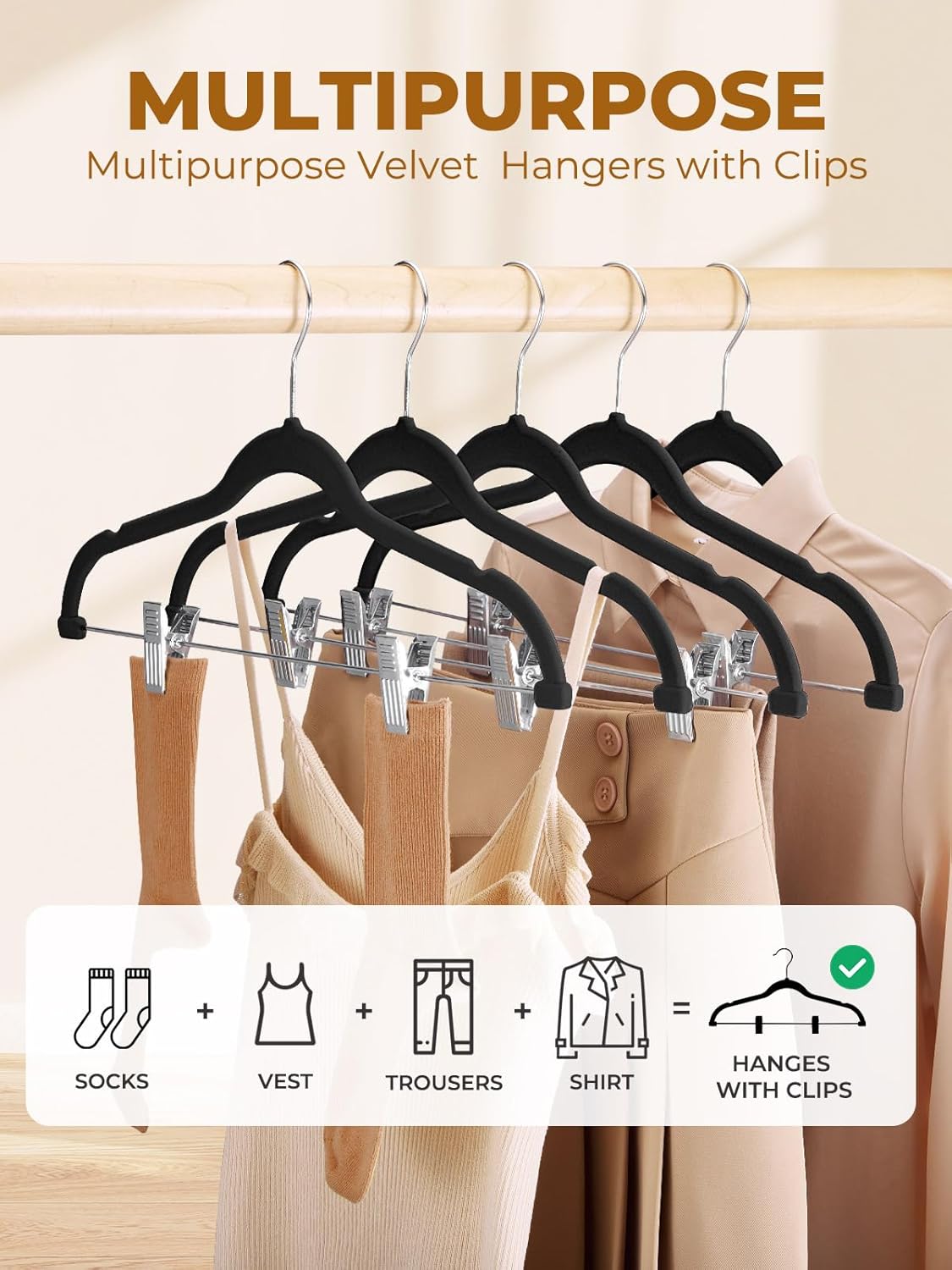 HOUSE DAY Velvet Skirt Hangers 36 Pack, Black Velvet Pant Hangers with Adjustable Clips, Space Saving Slim Shorts Hanger, Heavy Duty Non Slip Clip Hanger for Pants, Skirts, Shorts