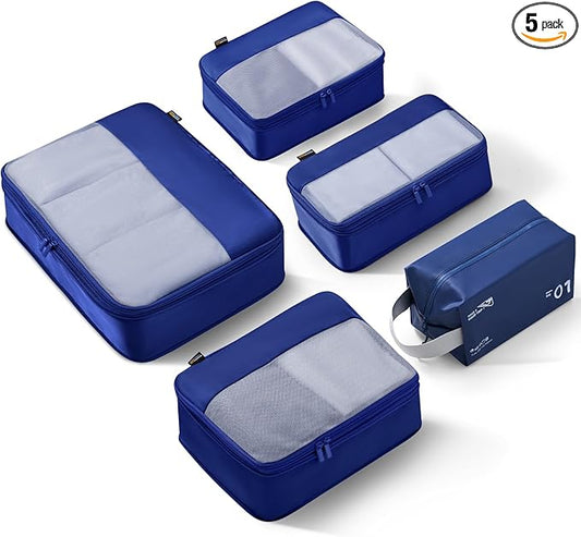 5 Set Compression Packing Cubes for Travel, Space Saving Luggage Organizer Bags (Dark Blue)