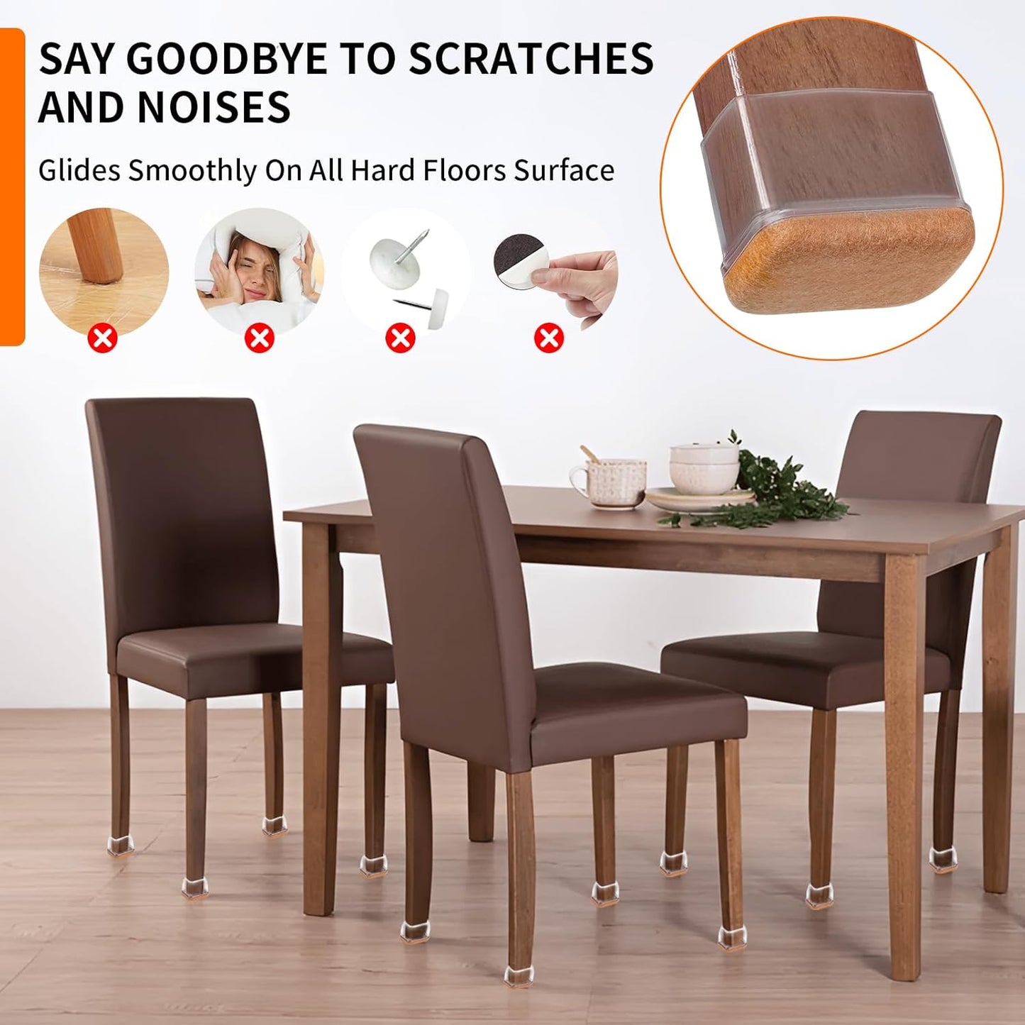 Ezprotekt 24 Pcs Rectangle Clear Silicone Chair Leg Floor Protectors Caps, Rectangle Felt Furniture Pads Covers Cups for Chair Table - Anti- Scratches and No Noise (Fit L :1.3-1.7", W: 0.6-0.9")