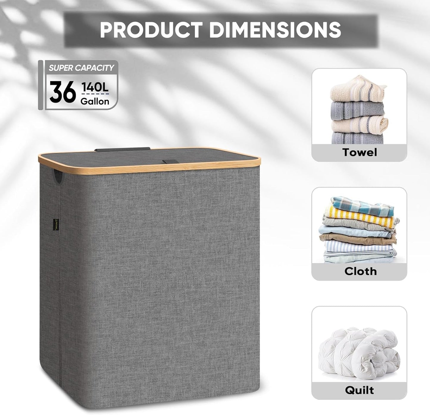 BALEINE Laundry Hamper with Lid, Tall Laundry Baskets with Bamboo Pull Handles, Large Laundry Bin with Internal Support (36 Gal/140L, Green)