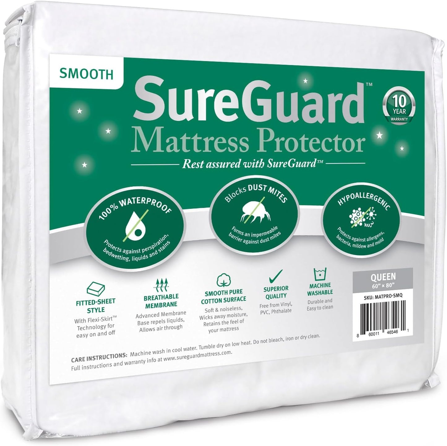SureGuard Queen Size Mattress Protector - 100% Waterproof, Hypoallergenic - Premium Fitted Cotton Cover - Smooth