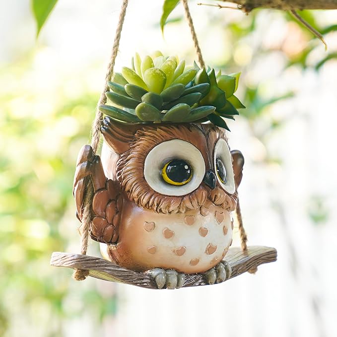 Swing Owl Hanging Planters for Indoor Plants, Cute Small Succulent Pots with Drainage Hole, Unique Resin Plant Hangers Outdoor, Hanging Plant Holder for String Of Pearls, Gift Ideas for Mother