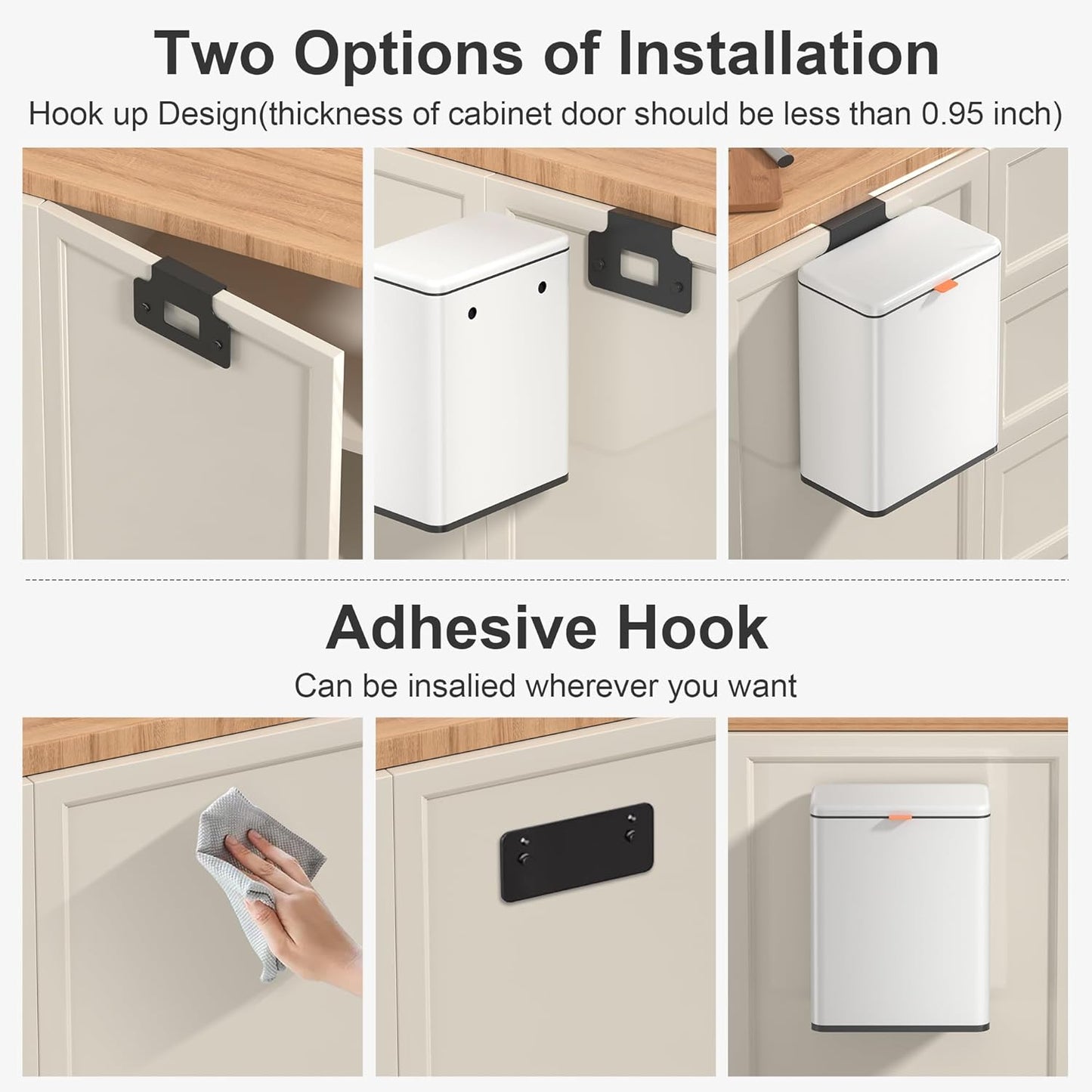 Mbillion Kitchen Compost Bin Hanging Trash Can with Lid 2.1 Gallon Stainless Steel Garbage Can for Kitchen Cabinet Door Mounted Trash Can Under Sink Door RV Bathroom,White