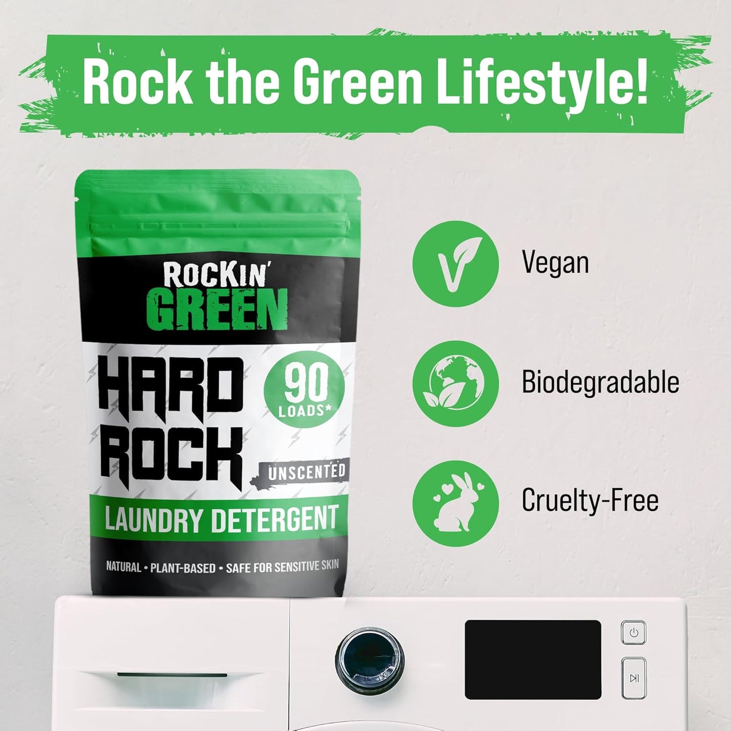 Rockin' Green Hard Rock Laundry Detergent for Hard Water (90 Loads), Plant based, Natural Laundry Detergent Powder, Biodegradable Odor Fighter, Safe for Sensitive Skin, 45 oz (Unscented)