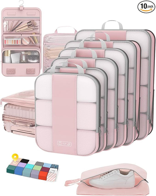 10 Set Compression Packing Cubes for Travel Essentials Women Mom,Compressible Expandable Packing Cubes for Suitcase,OlarHike Luggage Organizer Bags for Travel,Handy Helper for Organizing Clothes(Pink)