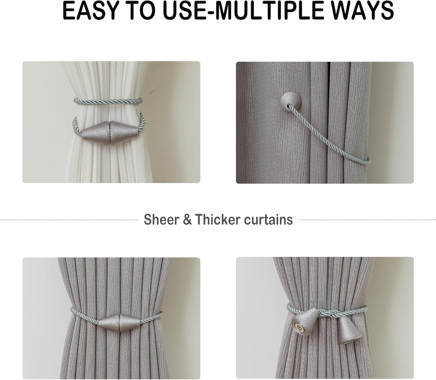 Magnetic Curtain Tiebacks 2 Pack Outdoor Rope Curtain Tie Backs Decorative Window Treatment Holdbacks for Home Decorative Curtain, Grey