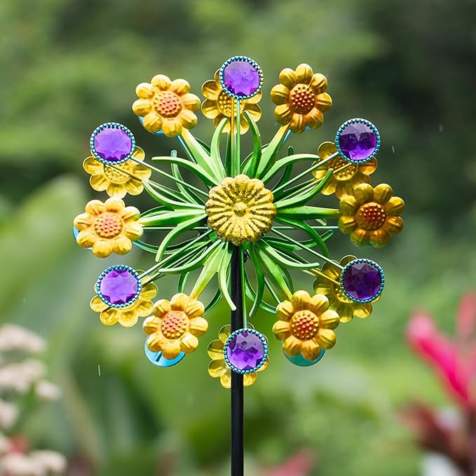 Wind Spinner, Metal Yellow florets and Purple Jewelry 44.25 inch Outdoor Metal Wind Spinners for Patio,Lawn,Garden,Creative Gifts for Women, Double Windmill with Stable Stake