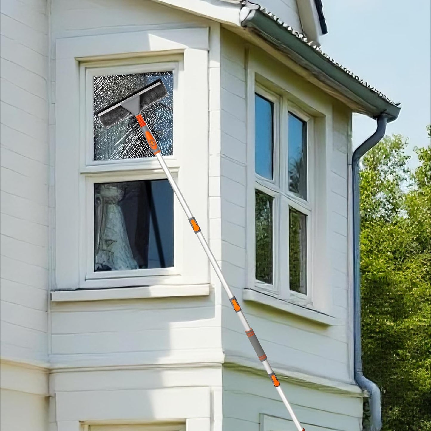 LOMIDA 2-in-1 Window Squeegee Cleaner with 62" Aluminum Extension Pole, Bendable Head for Extra Force, Heavy Duty Rotatable Window Cleaning Kit for Car/Glass/Shower (2 Fiber Pads)