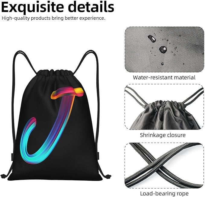 Drawstring Bags Initial Drawstring Backpack Sackpack Black Draw String Cinch Bags for Sports, Gym, Travel, Swimming, Beach, Camping, Rainbow Letter J