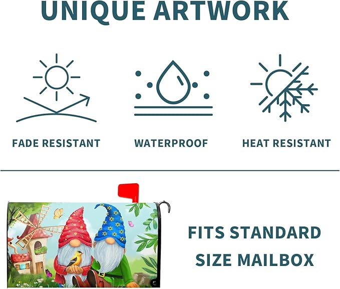 Sweet Gnome Mailbox Covers Magnetic Spring Gnomes Decorative Mailboxes Wraps Post Letter Box Cover Standard Large Size 25.5 x 21 Inch for Outdoor Garden Yard Home Decor Outside