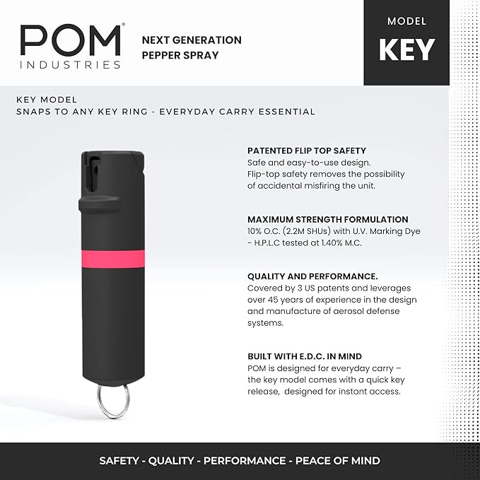 POM Pepper Spray Keychain, Quick Key Release for Instant Access, Flip Top Safety, Maximum Strength OC Formula with UV Marking Dye, 25 Bursts, 10 ft Range, 0.5 fl oz