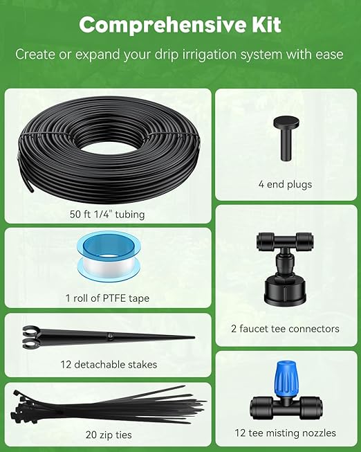 Pawfly 50ft Mist Drip Irrigation Kit - Quick-Connect Drip Irrigation System with 1/4" Tubing, Adjustable Misting Nozzles & Drip Irrigation Parts for Greenhouse, Lawn, Patio and Raised Beds