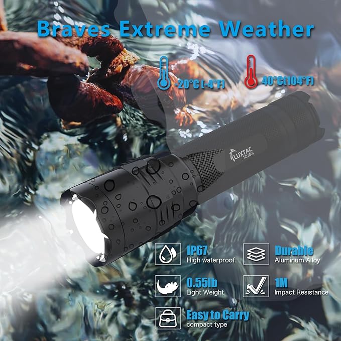 Zoomable Tactical Flashlight High Lumens-5000LM, 6 Modes,Dual Switches,Window Glass Breaker,10 hours Runtime,Memory Function,Waterproof,USB-C Rechargeable for Defense, Security, Outdoor&Emergency