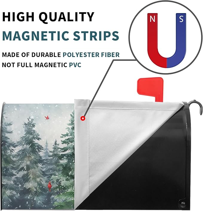 Winter Watercolor Tree Magnetic Mailbox Cover Large Size 25.5x21 Inch Christmas Dark Green Pine Trees Mail Box Post Cover Rustic Forest Red Bird Letter Box Wraps for Home Outdoor Garden Yard Decor